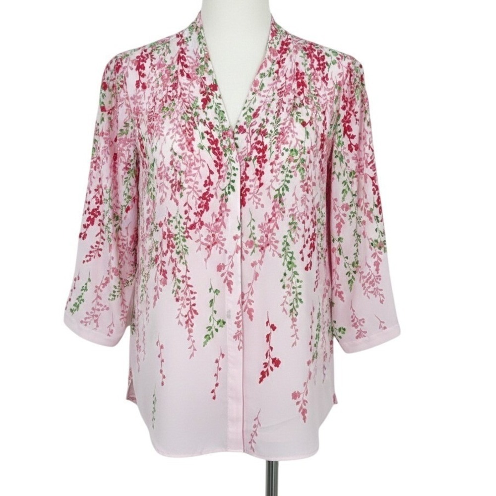 NEW Investments Woman Size 1X Pink Floral Wisteria V-Neck 3/4 Sleeve Blouse